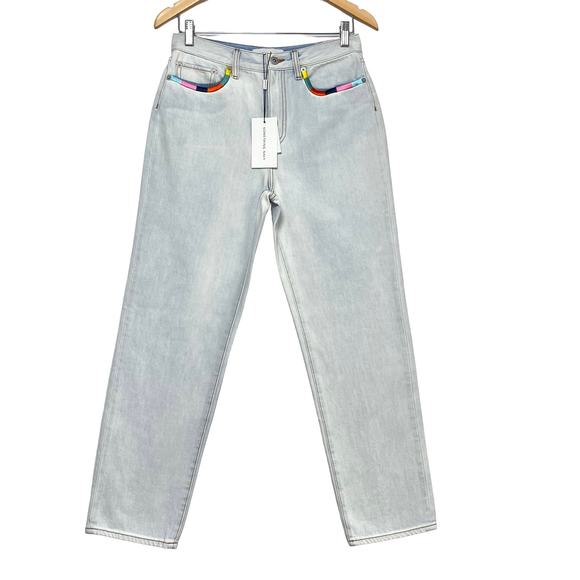 Something Navy Embroidered Straight Leg Jeans Sz 8 Light Wash Crop High Rise - Picture 2 of 12